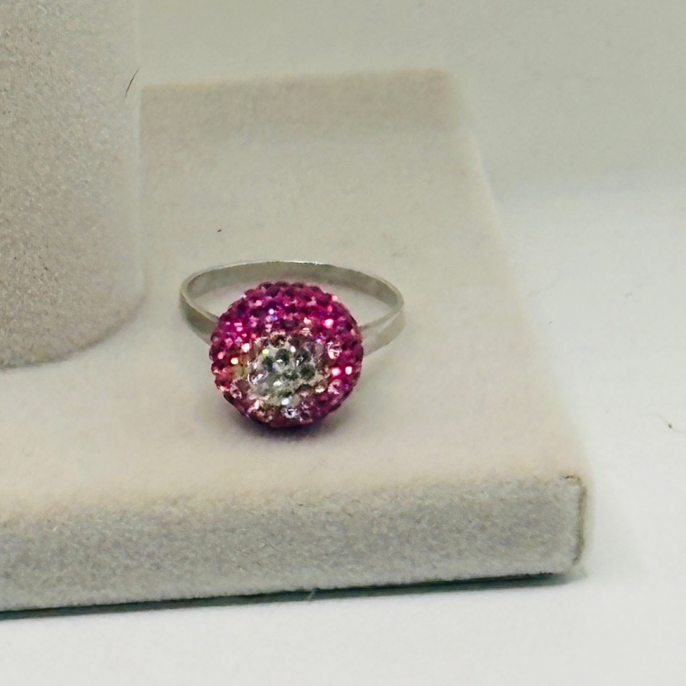 925 Sterling Silver Pink & Clear Crystal Pavé Dome Ring Statement Size 8.75